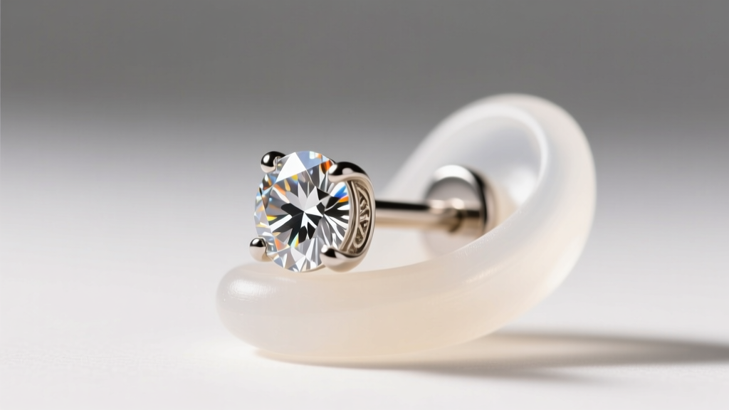 Macro shot of a 4mm round moissanite stud earring on a silicone ear mold, highlighting the delicate prong setting and titanium post