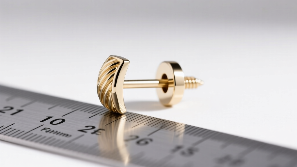 Macro shot of a 14k white gold screw-back earring post and backing next to a ruler, showing the 20-gauge thickness and threading