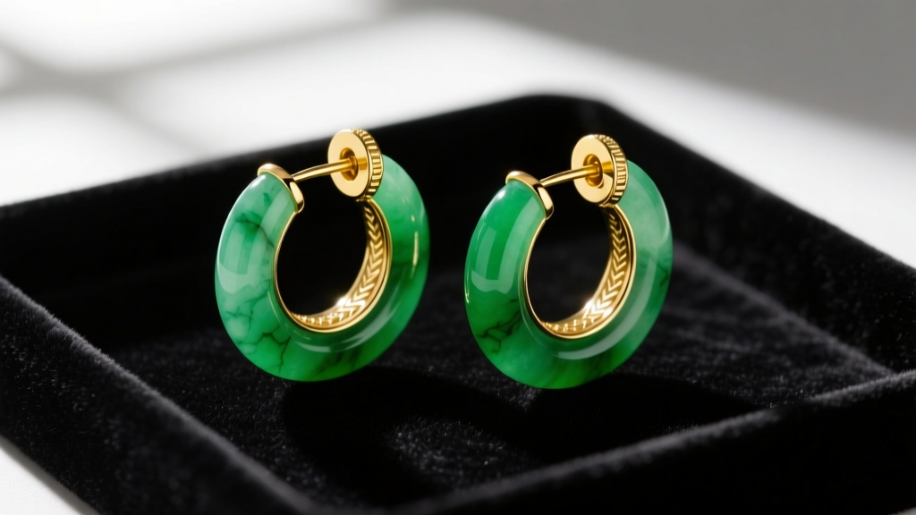 Close-up of 1950s vintage jade hoop earrings with 14k yellow gold screw-back clasps, resting on a dark velvet grading tray