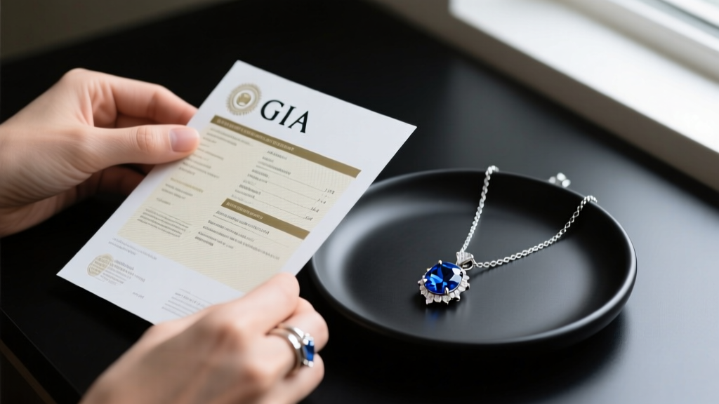 Gemologist hands holding a GIA certification report next to a finished blue sapphire pendant necklace resting on a matte black ceramic tray