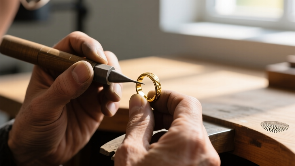 Extreme close-up of a jeweler's loupe inspecting the gold prongs securing a half-drilled pearl on a 14k gold cross necklace.