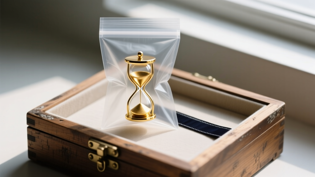 Clear polyethylene bag containing a gold hourglass pendant and a dark anti-tarnish strip, resting on a wooden jewelry box surface.