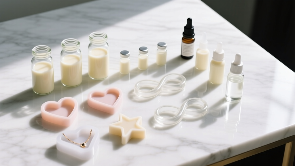 Overhead view of a DIY breastmilk jewelry kit with glass vials, silicone molds, and epoxy resin bottles on a clean marble workspace