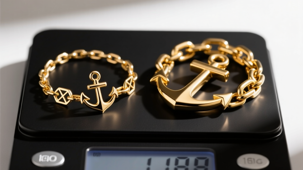 Hollow electroformed gold anchor chain next to a heavy solid 18k gold anchor chain, both resting on a digital jewelry scale