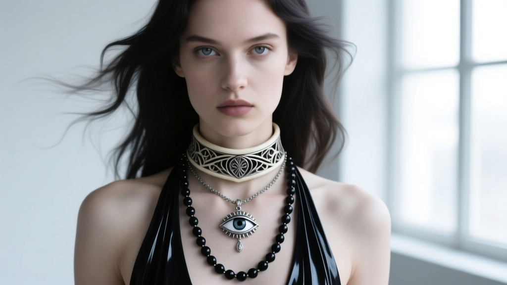 Model wearing a layered dark fantasy necklace stack with a 14-inch bone choker, a silver eye pendant, and a long onyx lariat.