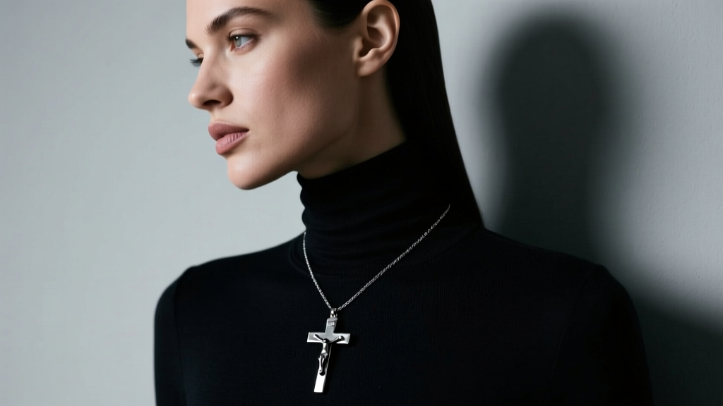 Side profile of a model wearing a matte black stainless steel upside down crucifix necklace over a dark turtleneck in moody light