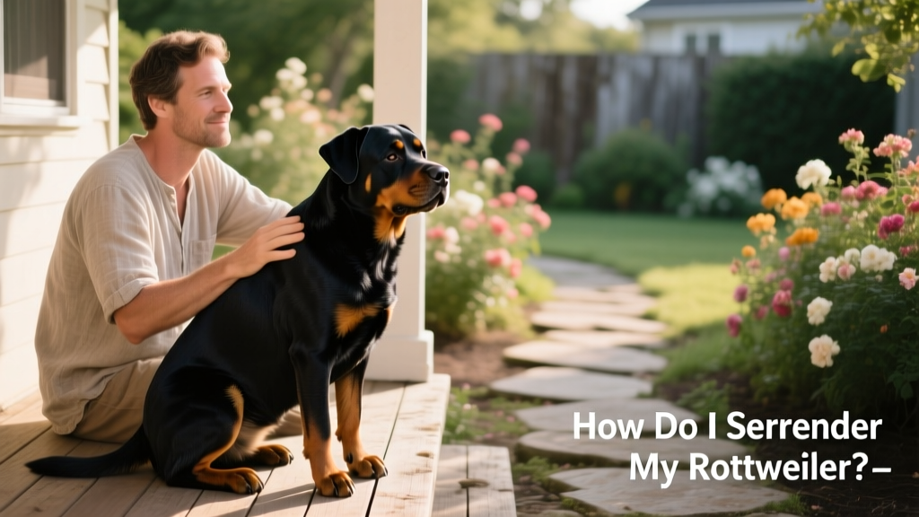 A calm, well-groomed Rottweiler sitting beside its owner on a sunny porch
