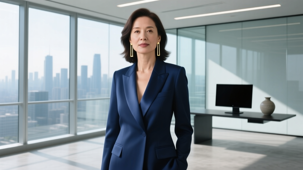 Woman in a tailored navy blazer styling minimalist 14k gold linear drop earrings, standing in a bright modern office environment.