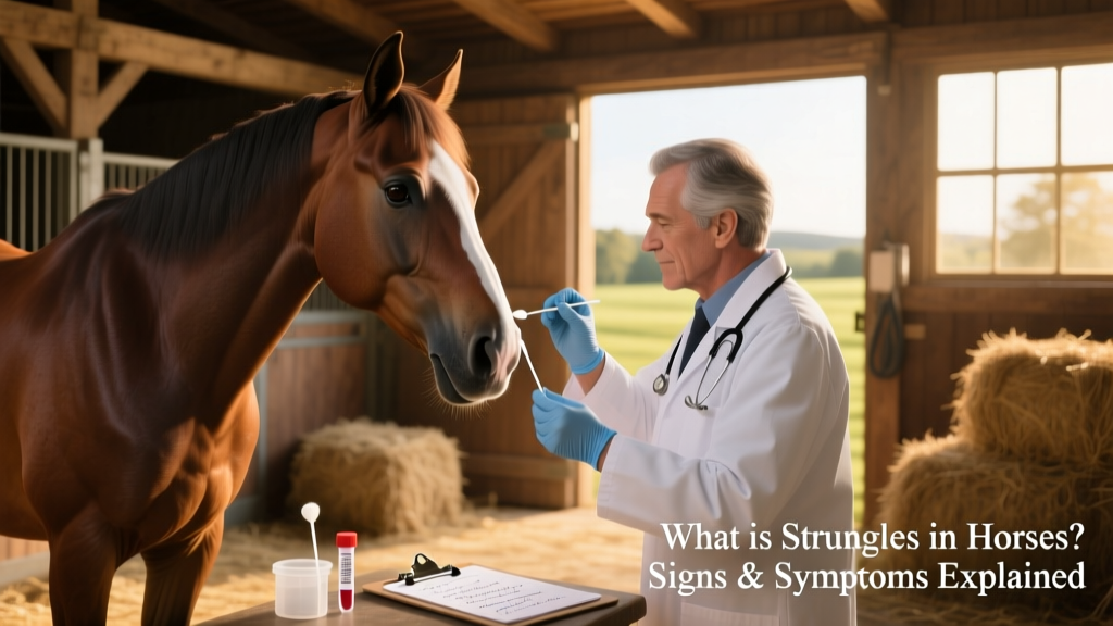 Veterinarian collecting a nasopharyngeal swab from a horse using sterile technique