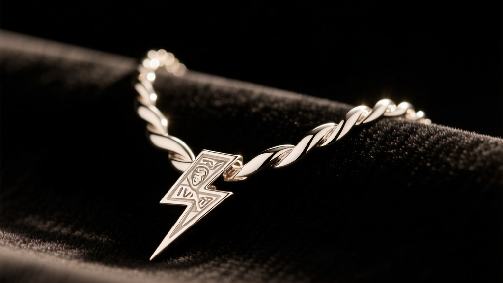 Close-up of a polished 925 sterling silver Elvis TCB lightning bolt necklace resting on dark velvet under warm studio lighting