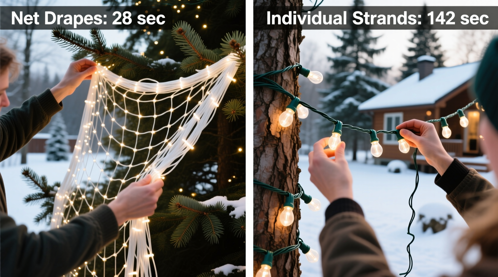 christmas light net drapes vs individual strands which installs faster