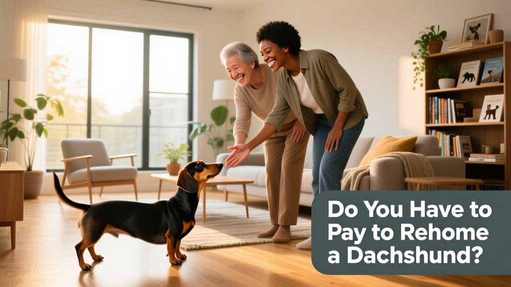 Two people smiling as they meet a Dachshund in a sunlit living room during a thoughtful meet-and-greet
