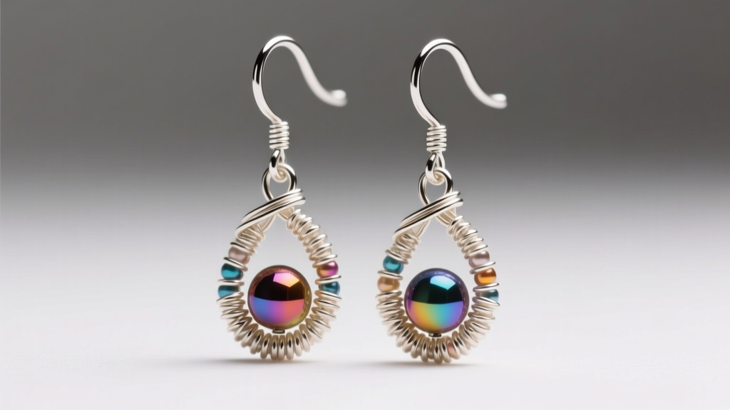Close-up of beaded drop earrings showing tight 24-gauge wire wraps and sterling ear hooks illuminated by soft studio lighting.