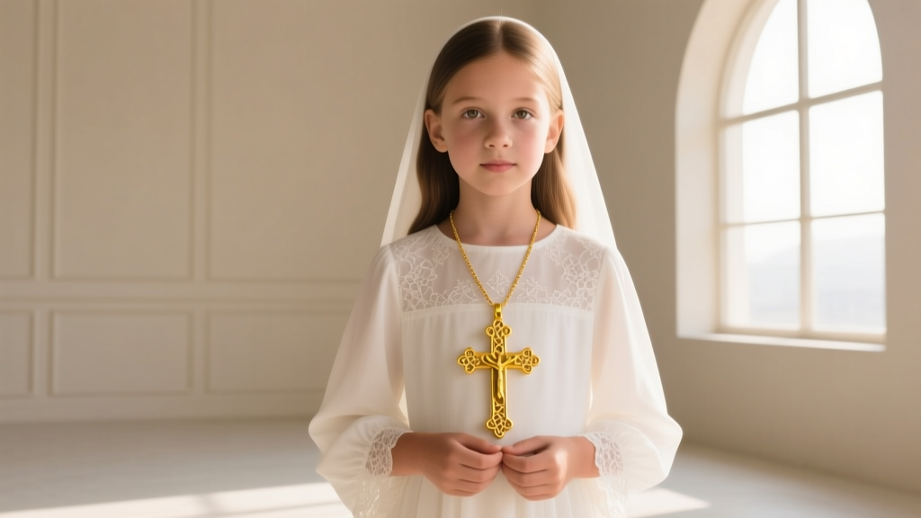 A young girl in a white communion dress holding a delicate 14k yellow gold Latin cross necklace, soft natural window lighting