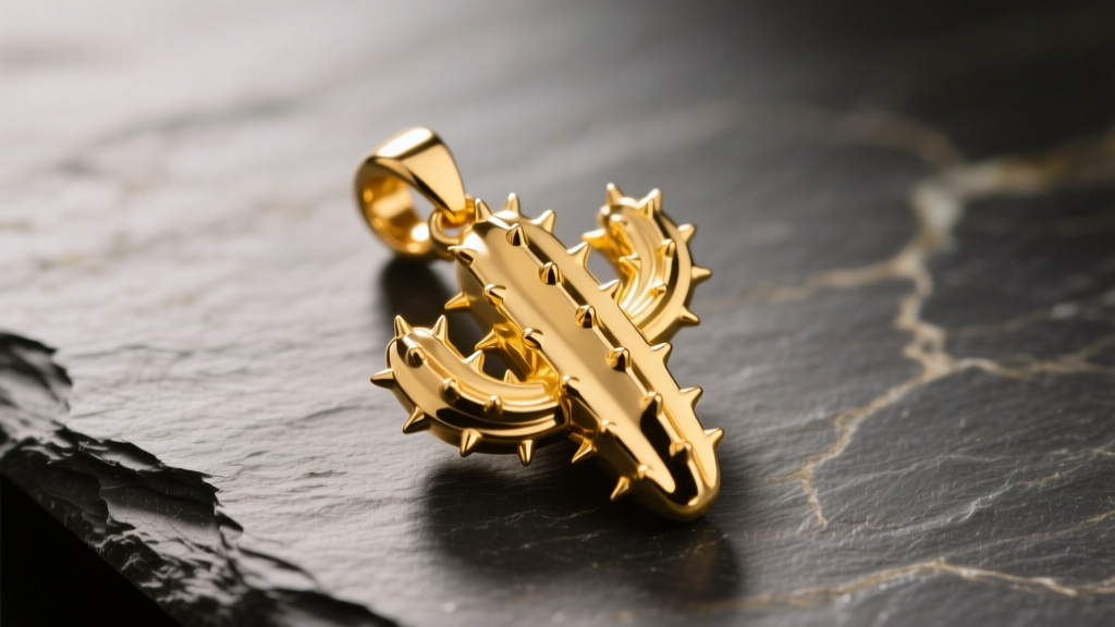 Macro shot of a 14k yellow gold cactus pendant on slate, revealing intricate spine textures under soft, warm studio lighting.