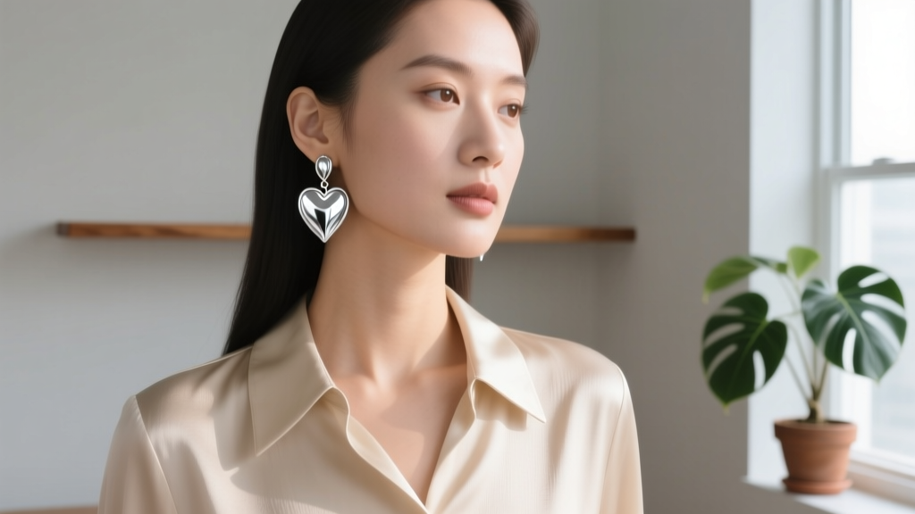 Woman wearing polished sterling silver heart dangle earrings, soft lighting highlighting the reflective curved metal surface.
