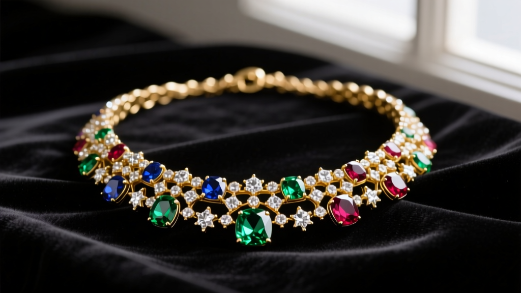 Close-up of a vintage gold-plated Elizabeth Taylor style necklace with foil-backed rhinestones resting on dark velvet fabric.
