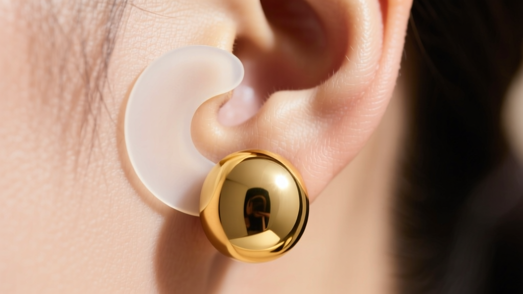 Macro shot of a clear silicone support patch behind an earlobe holding a heavy gold big circle earring under bright, even lighting