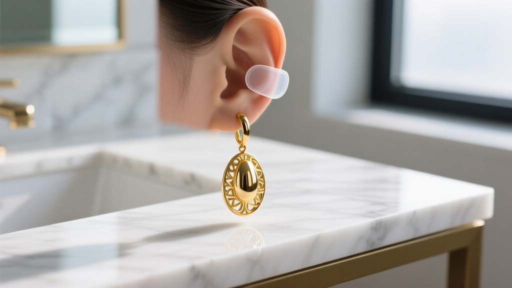 Clear silicone support patch on an earlobe, holding a heavy gold drop earring upright on a clean white marble vanity table surface.