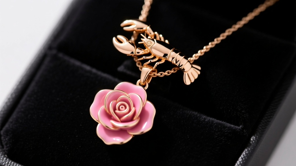 Close-up of a 14k rose gold lobster clasp attaching a cable chain to a pink enamel rose flower pendant on a dark velvet display