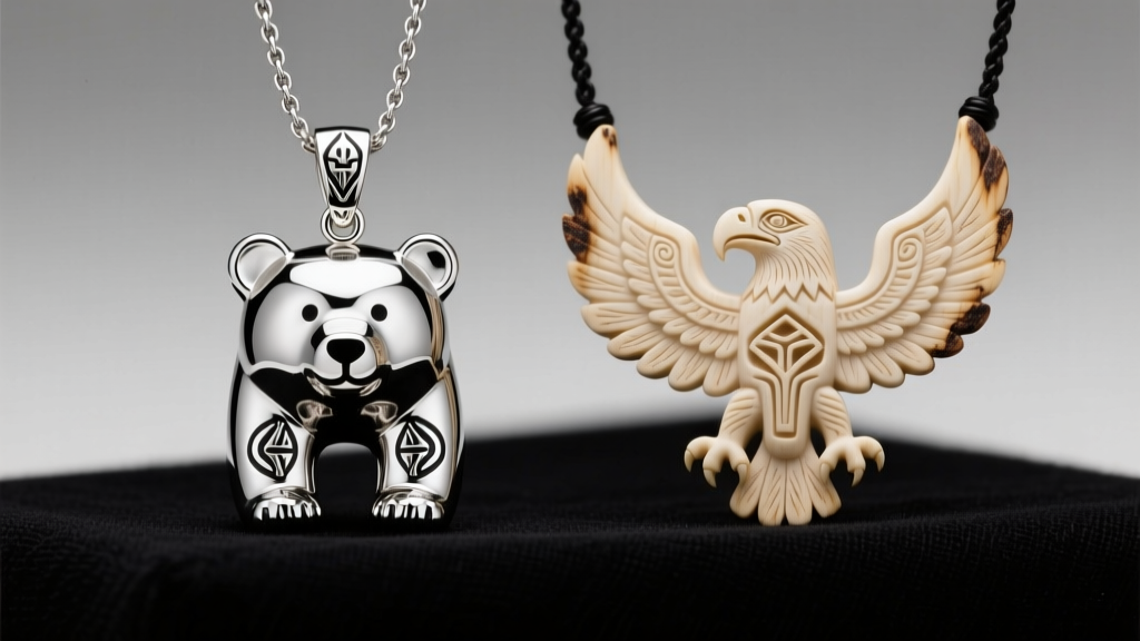 Side-by-side view of a cast silver bear pendant and hand-carved bone eagle totem necklace under bright, diffused studio lighting.