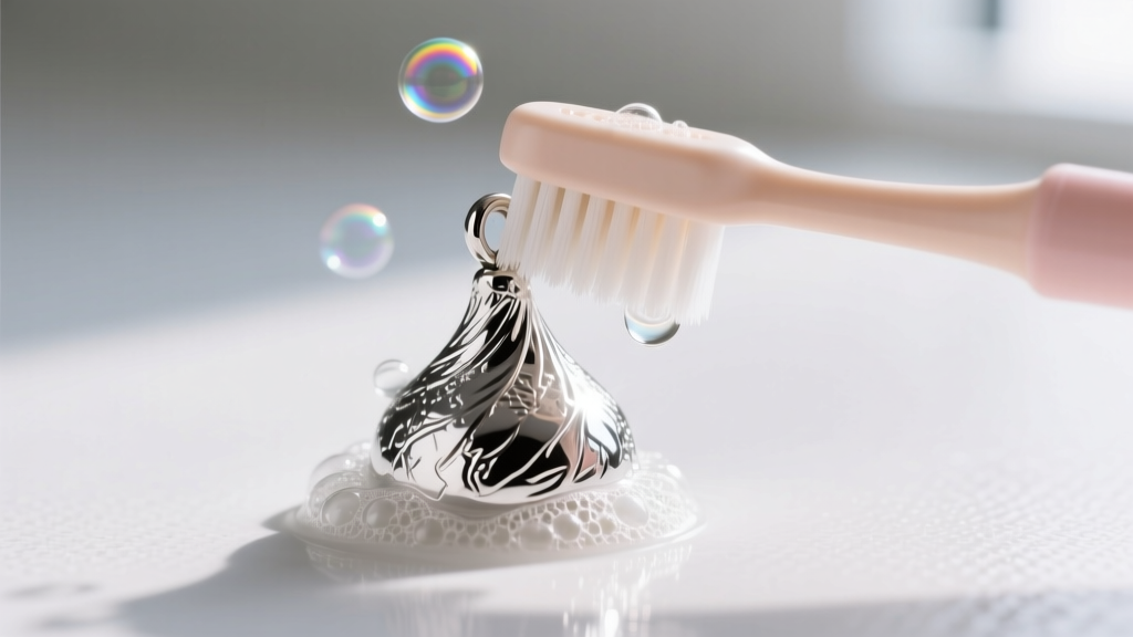 Close-up of a soft baby toothbrush gently scrubbing the ridged base of a sterling silver Hershey kiss pendant in soapy water.
