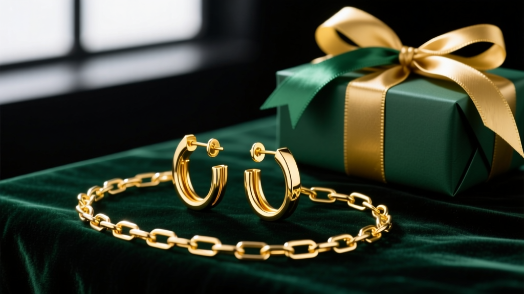 14k yellow gold paperclip chain hoop earrings resting on dark emerald velvet next to a beautifully wrapped holiday gift box