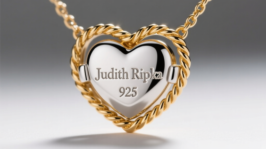Macro shot of a Judith Ripka heart necklace clasp showing the 925 sterling silver hallmark and signature 18k gold rope detail