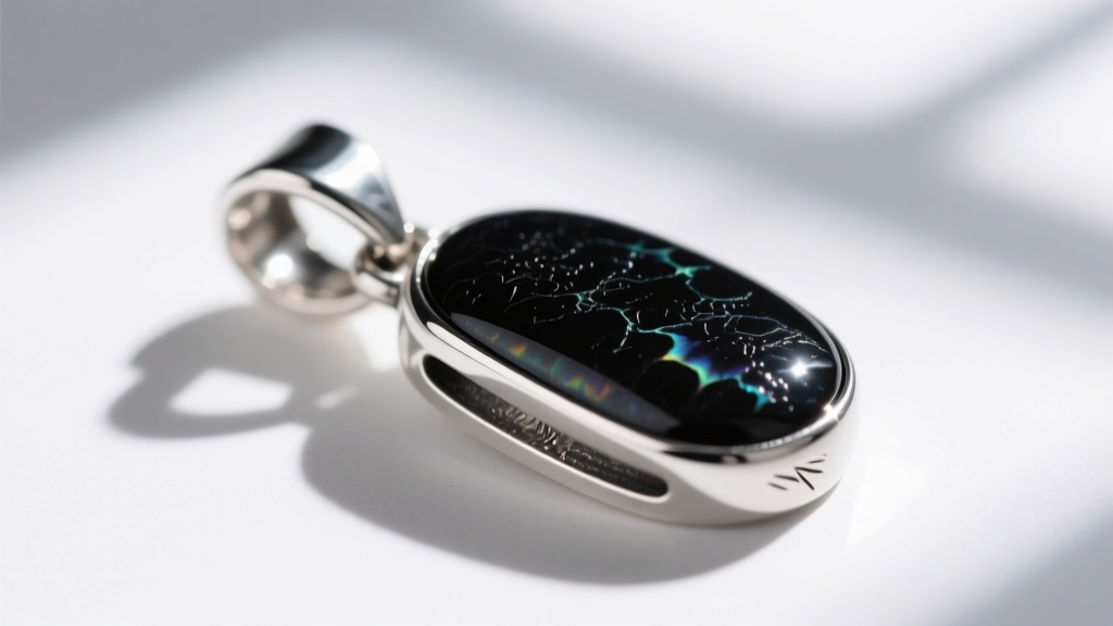 Macro shot of a 925 silver pendant clasp showing deep black liver of sulfur patina contrasted with polished silver edges