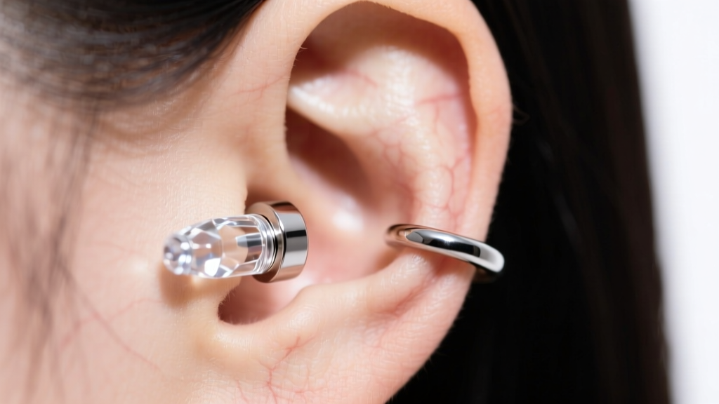 Close-up of a curated ear with a 4g glass plug in the lobe and 16g titanium huggies in the helix under soft studio lighting