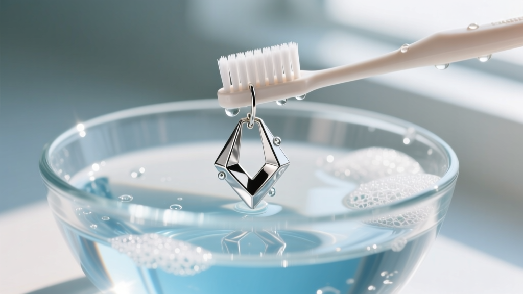 Soft toothbrush scrubbing a silver fashion earring in a glass bowl of soapy water, macro shot, bright natural window lighting.