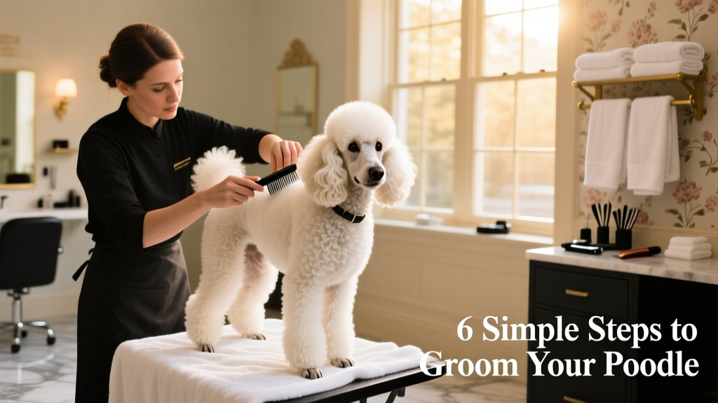 Grooming a little dog in a hair salon for dogs. Beautiful white poodle