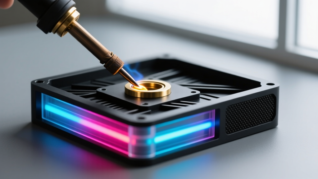 Soldering iron melting a brass heat-set insert into a black PETG 3D printed macro pad enclosure featuring glowing RGB LED strips.