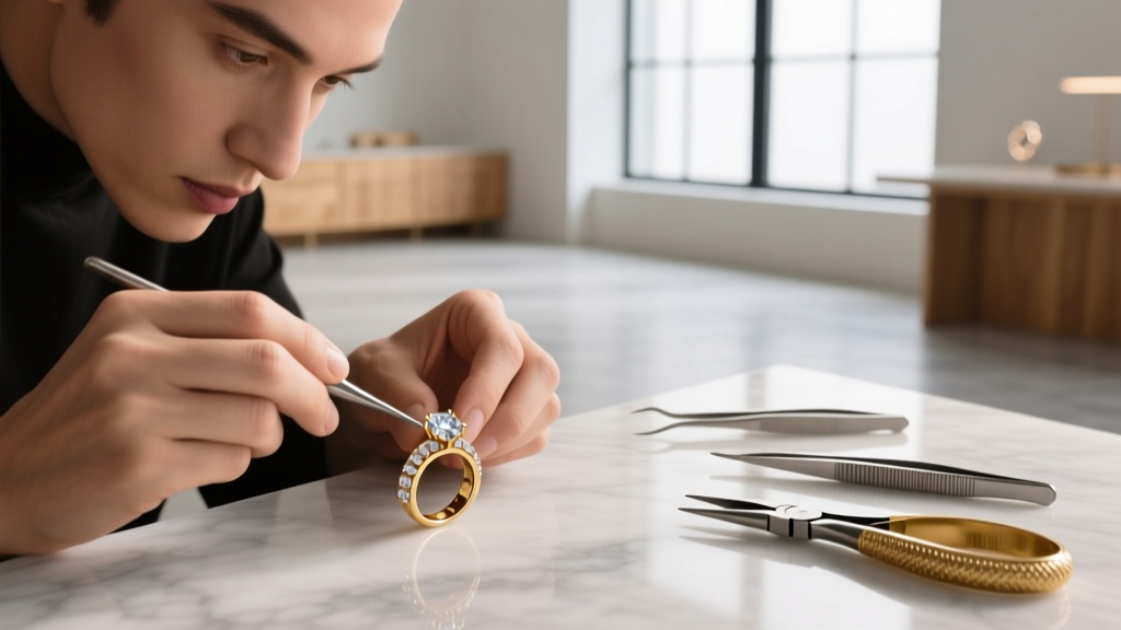 Jeweler's workbench displaying a raw beeswax owl carving next to a finished silver casting, illuminated by warm overhead lighting