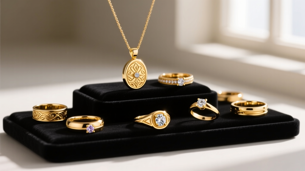 A lit display of 14k and 18k gold rings and pendants arranged on dark velvet, styled for an anniversary gift presentation setup