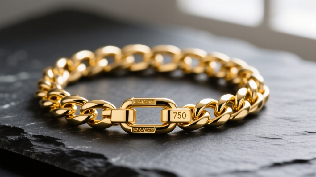 Macro shot of an 18k yellow gold Italian Figaro chain on dark slate, highlighting intricate links and a tiny 750 hallmark stamp.