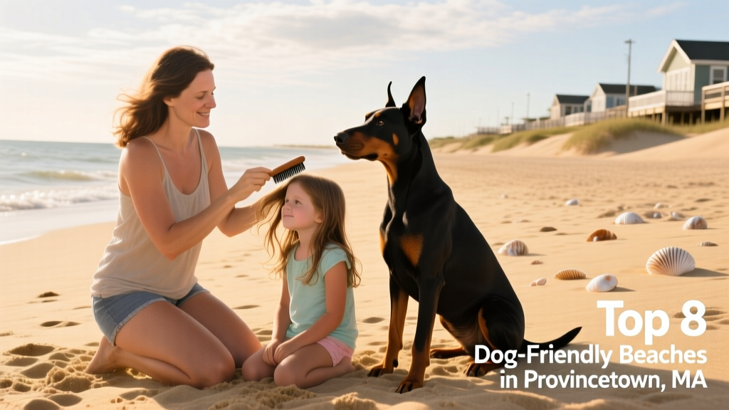 mother looking after her daughter and their doberman dog at the beach