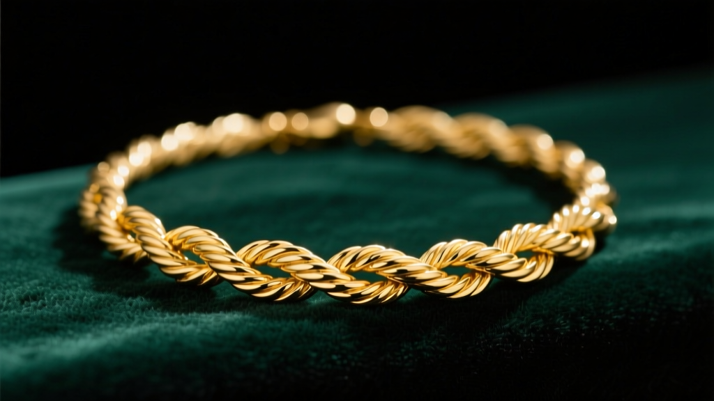 14k yellow gold rope twist necklace resting on dark emerald velvet, soft studio lighting highlighting the intricate metal texture