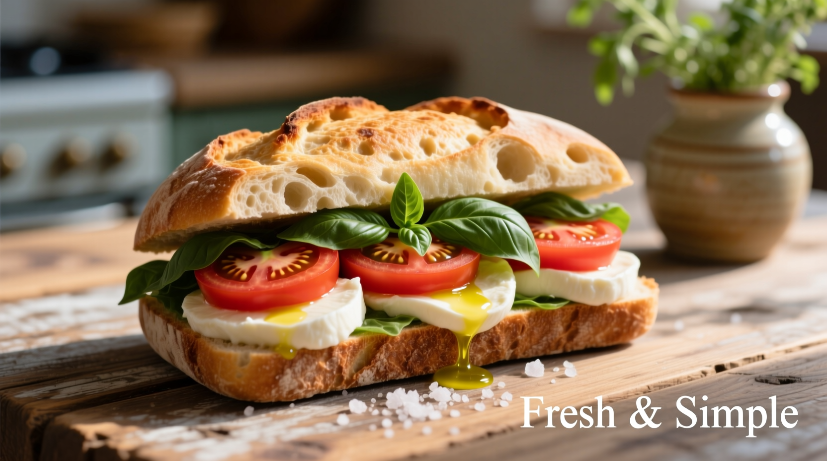 Fresh tomato basil mozzarella sandwich on rustic bread