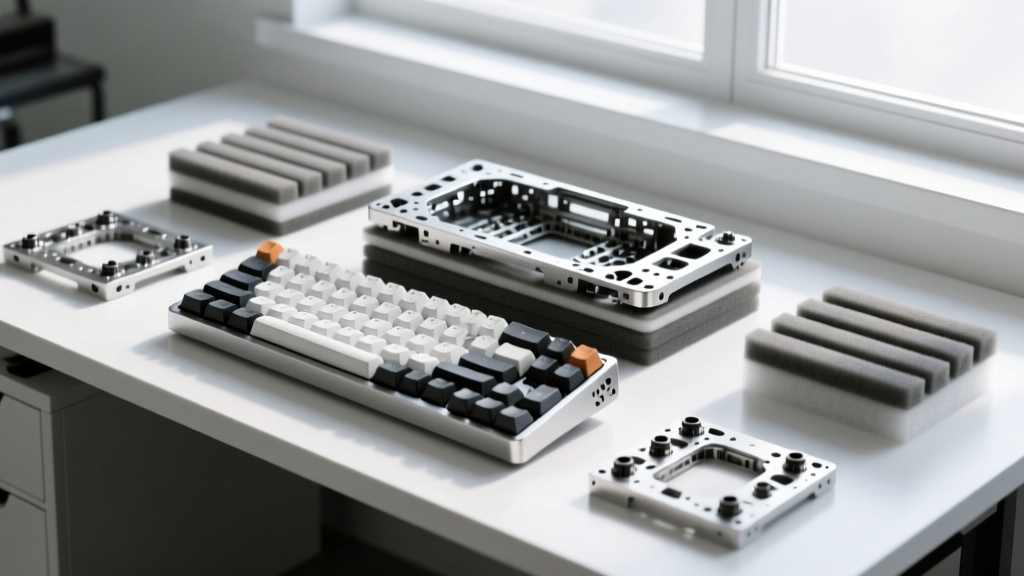 Disassembled Keychron Q1 Pro mechanical keyboard showing the CNC aluminum chassis and double-gasket mount foam layers on a workbench