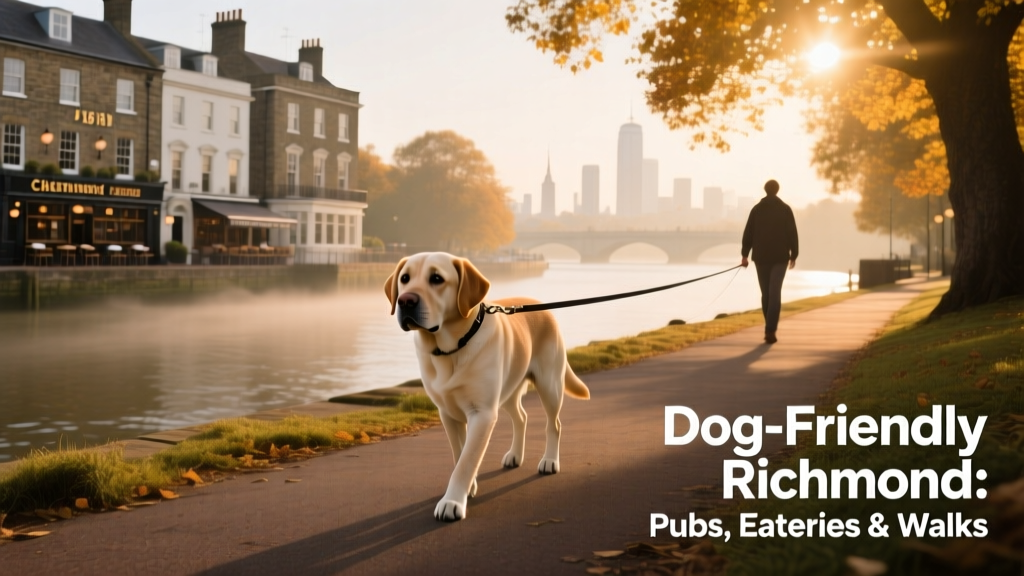 A Labrador walking calmly along the Thames Path in Richmond, with the river and historic buildings visible in the background