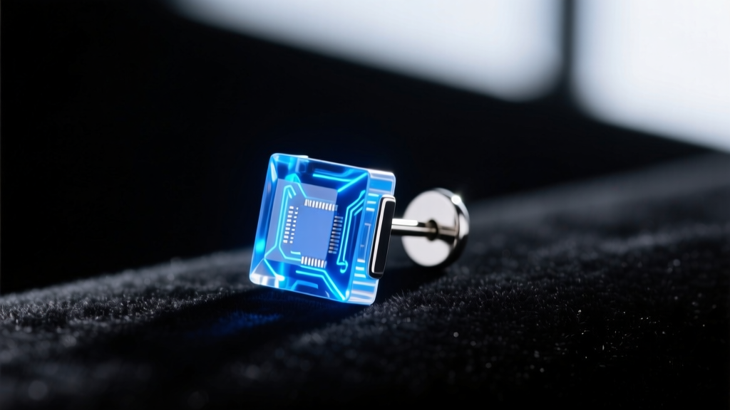 Macro shot of a glowing neon blue LED stud earring on dark velvet, highlighting the clear acrylic housing and surgical steel post.
