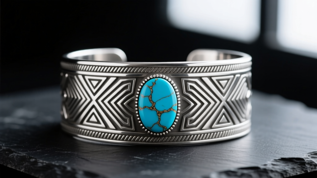Sterling silver Navajo cuff with geometric stamp work and a bezel-set Kingman turquoise cabochon resting on a dark slate surface.