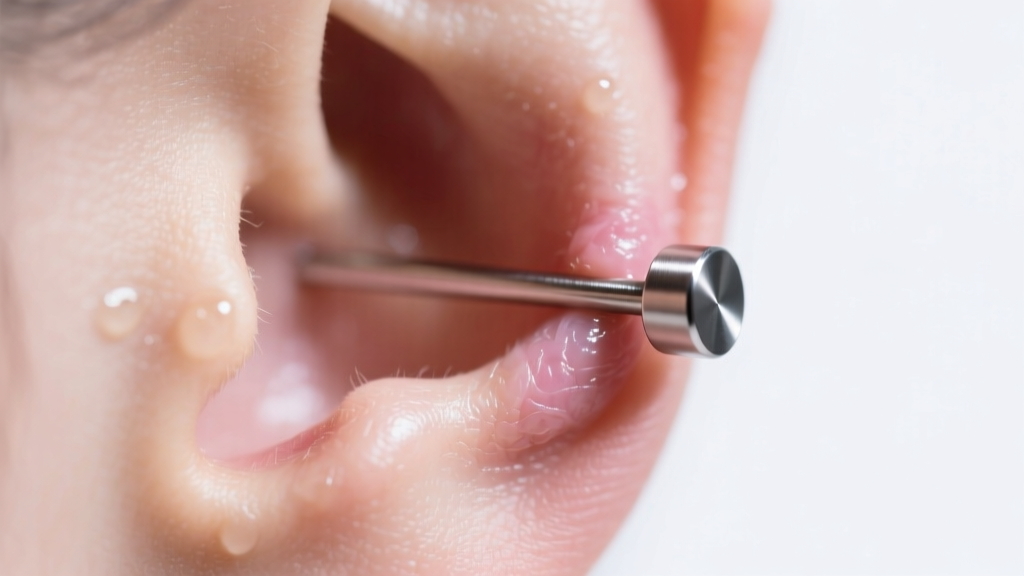 Macro shot of a healing earlobe piercing wearing an 18-gauge titanium flat back labret stud under bright clinical lighting.