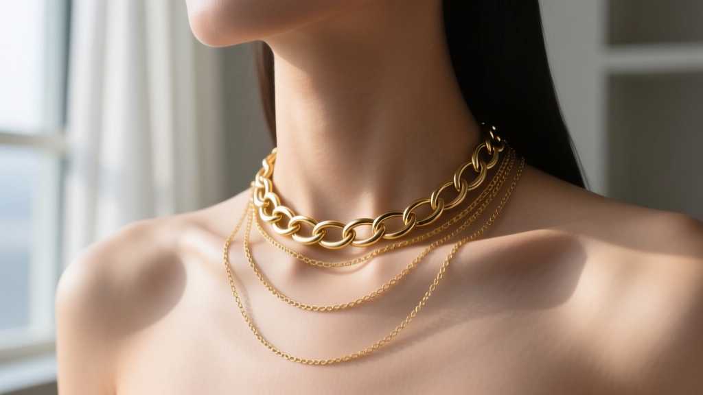A woman wearing a layered 16-inch gold Chai necklace and a 20-inch plain chain, photographed from the collarbone up in natural window light.