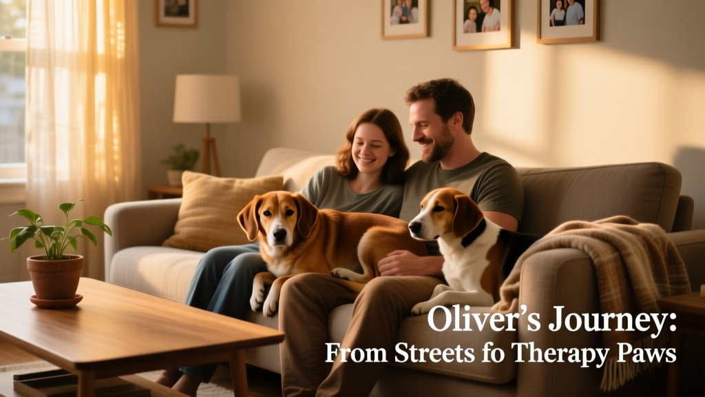 Oliver curled up between Missy and her husband on their couch, all three dogs resting peacefully together