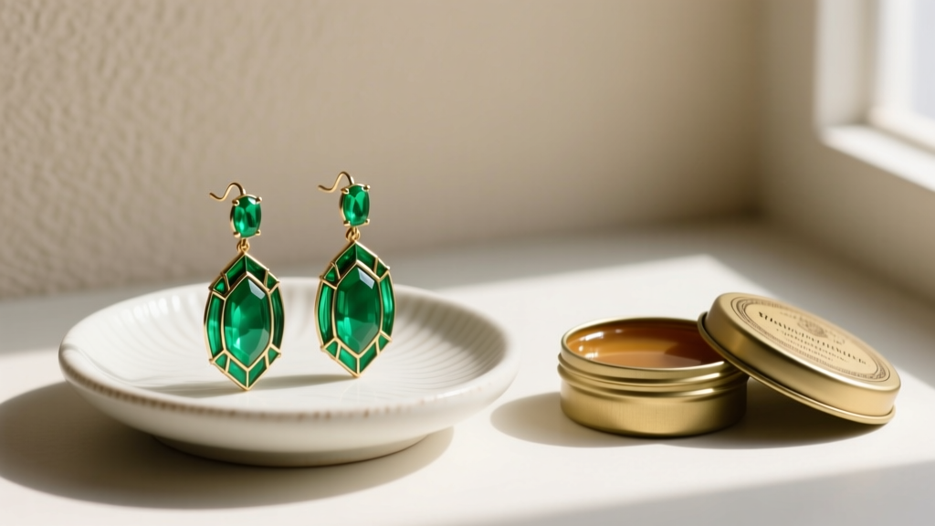 Restored green chrysoprase Art Deco drop earrings on a ceramic dish beside an open tin of Renaissance microcrystalline wax polish