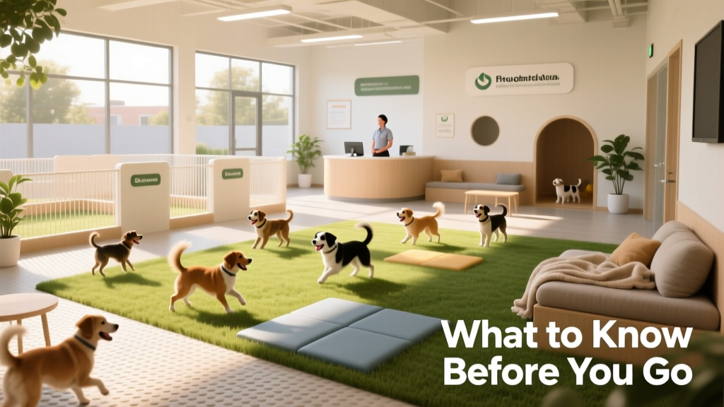 A clean, sunlit dog day care facility with dogs playing safely in separate zones