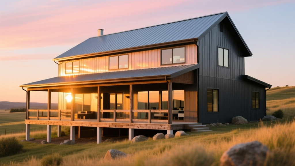Two-story steel-frame barndominium with wraparound porch, standing seam metal roof, and large energy-efficient windows at sunset