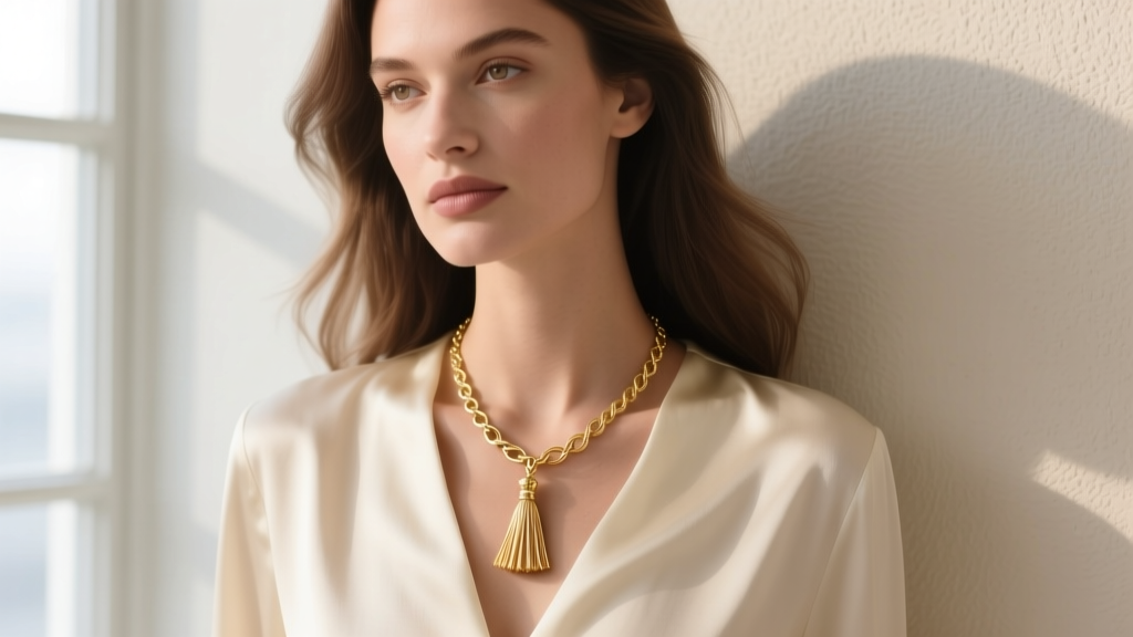 Model wearing a gold vermeil Links of London tassel necklace over a cream silk blouse, the silk tassel resting on her collarbone